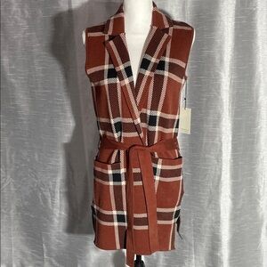 Plaid Sleeveless Belted Vest-NWT